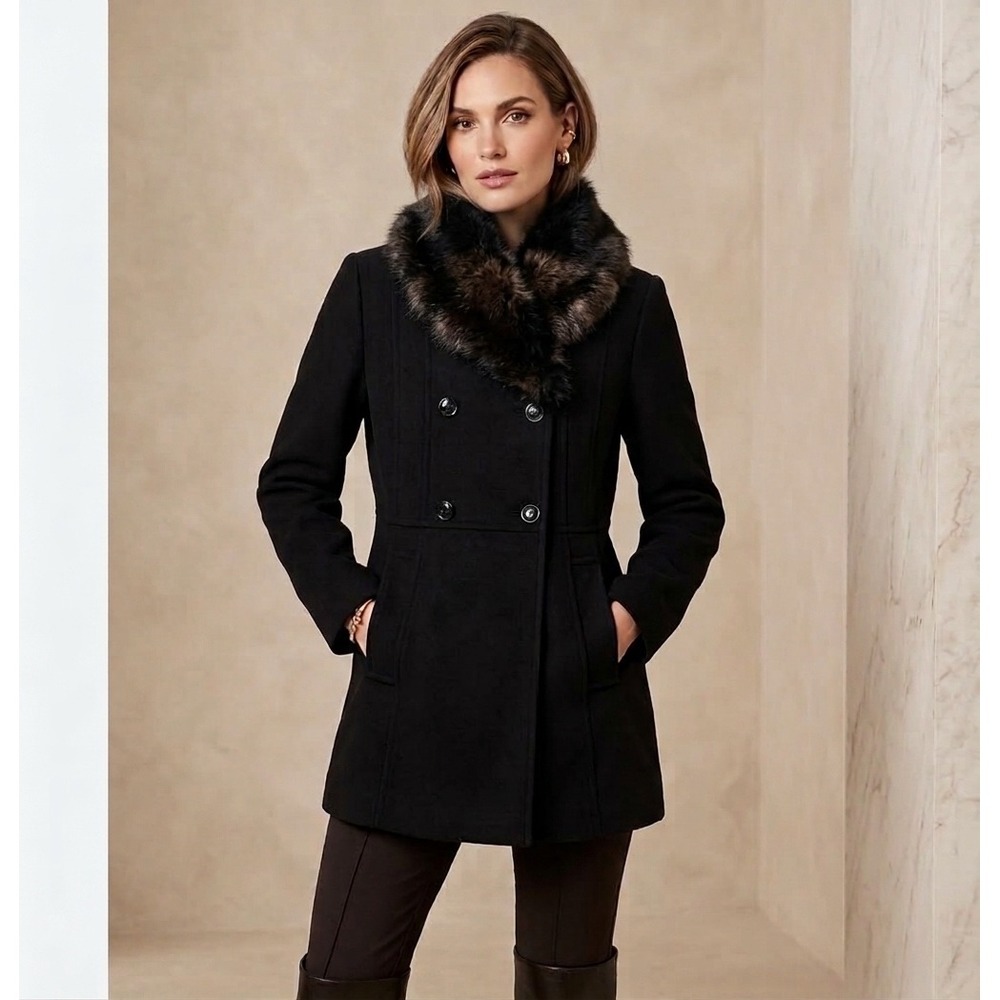 womens black Vintage double breasted faux fur collared peacoat size L wool blend